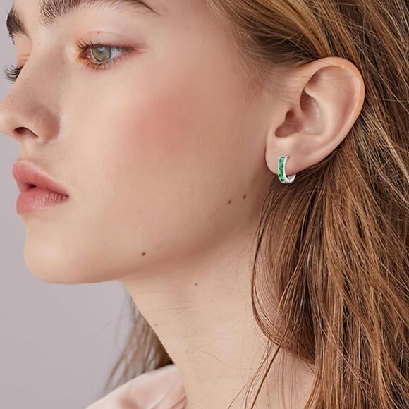 14K White Gold with Emerald Green Cubic Zirconia Princess Cut Huggie Earrings - Picture 4 of 5